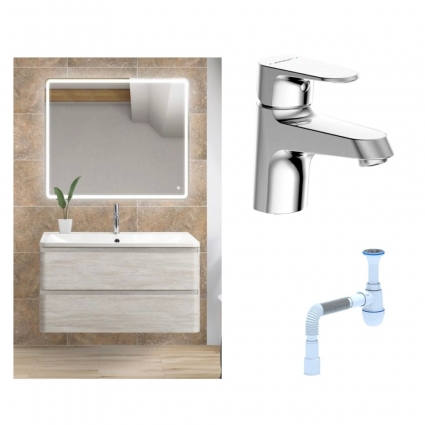 Комплект: Мебель для ванной BelBagno Albano 100 rovere vintage bianco + Смеситель Bravat Alfa F1120178CP для раковины, хром + Сифон АниПласт