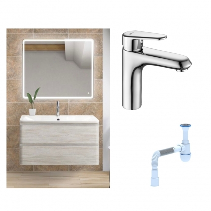 Комплект: Мебель для ванной BelBagno Albano 100 rovere vintage bianco + Смеситель Lemark Point LM0306C для раковины однорычажный, хром + Сифон АниПласт