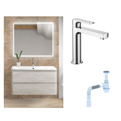 Комплект: Мебель для ванной BelBagno Albano 100 rovere vintage bianco + Смеситель Lemark plus Grace LM1537C для раковины однорычажный, хром + Сифон АниПласт