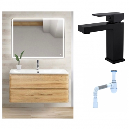 Комплект: Мебель для ванной BelBagno Albano 90 rovere rustico + Смеситель для раковины Haiba HB10803-7 + Сифон АниПласт