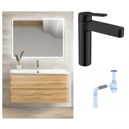 Комплект: Мебель для ванной BelBagno Albano 90 rovere rustico + Смеситель для раковины BelBagno Delta DEL-LVM-NERO черный + Сифон АниПласт