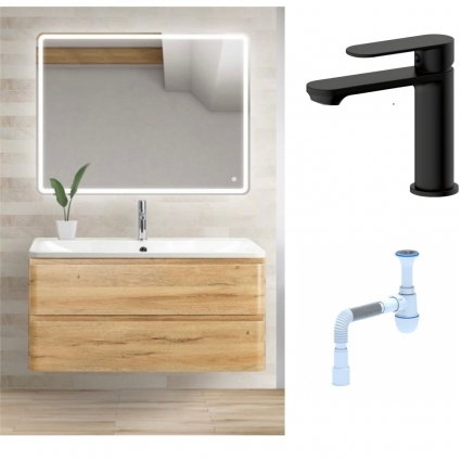 Комплект: Мебель для ванной BelBagno Albano 90 rovere rustico + Смеситель для раковины Haiba HB10590-7, черный + Сифон АниПласт