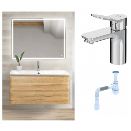 Комплект: Мебель для ванной BelBagno Albano 90 rovere rustico +  Смеситель Am.Pm X-Joy F85A02100 для раковины однорычажный, хром + Сифон АниПласт