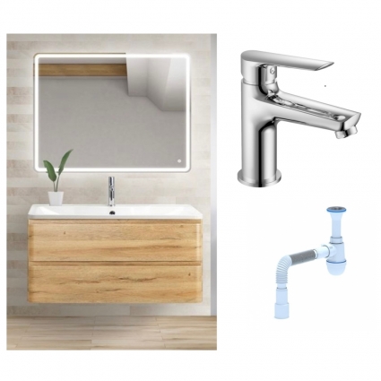 Комплект: Мебель для ванной BelBagno Albano 90 rovere rustico + Смеситель для раковины Haiba HB10198, хром + Сифон АниПласт