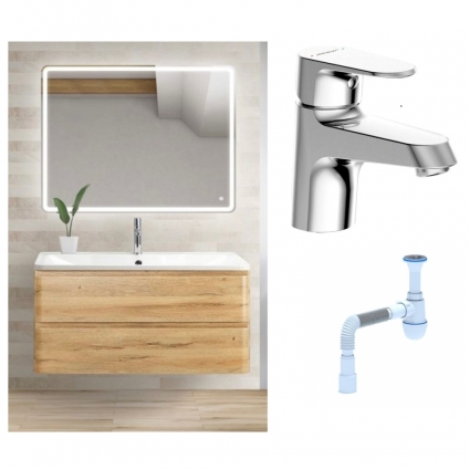 Комплект: Мебель для ванной BelBagno Albano 90 rovere rustico + Смеситель Bravat Alfa F1120178CP для раковины, хром + Сифон АниПласт