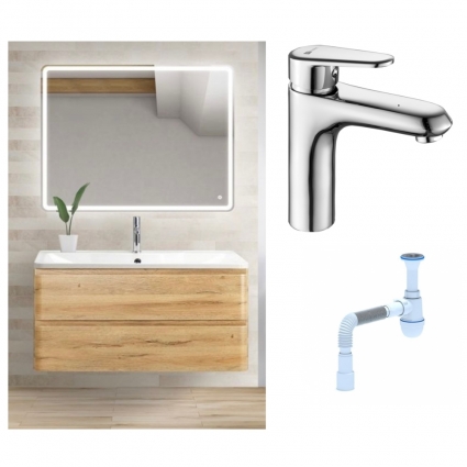 Комплект: Мебель для ванной BelBagno Albano 90 rovere rustico + Смеситель Lemark Point LM0306C для раковины однорычажный, хром + Сифон АниПласт