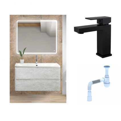 Комплект: Мебель для ванной BelBagno Albano 80 cemento verona grigio + Смеситель для раковины Haiba HB10803-7 + Сифон АниПласт