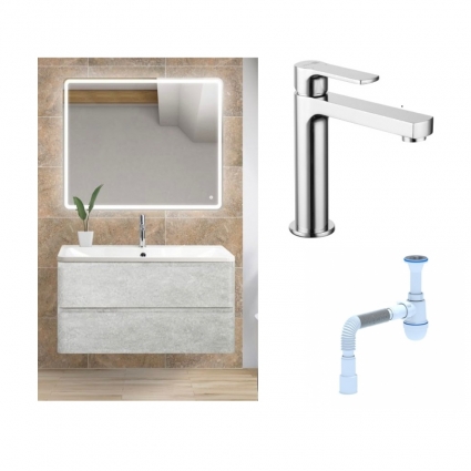 Комплект: Мебель для ванной BelBagno Albano 80 cemento verona grigio + Смеситель Lemark plus Grace LM1537C для раковины однорычажный, хром + Сифон АниПласт