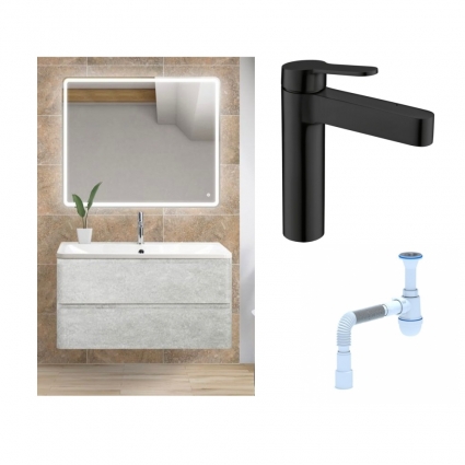 Комплект: Мебель для ванной BelBagno Albano 100 cemento verona grigio + Смеситель для раковины BelBagno Delta DEL-LVM-NERO черный + Сифон АниПласт