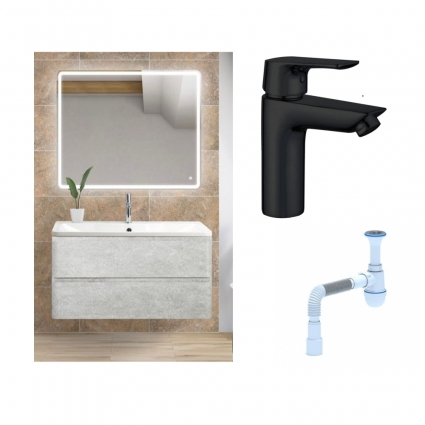 Комплект: Мебель для ванной BelBagno Albano 100 cemento verona grigio + Смеситель Aquanet Static AF330-10B для раковины, чёрный + Сифон АниПласт