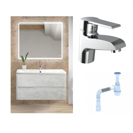 Комплект: Мебель для ванной BelBagno Albano 100 cemento verona grigio + Смеситель Agger Right A2902100 для раковины однорычажный, хром + Сифон АниПласт