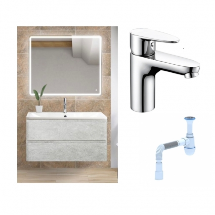 Комплект: Мебель для ванной BelBagno Albano 100 cemento verona grigio + Смеситель Wasserkraft Leine 3503 для раковины однорычажный, хром + Сифон АниПласт