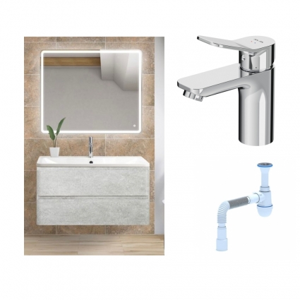 Комплект: Мебель для ванной BelBagno Albano 100 cemento verona grigio +  Смеситель Am.Pm X-Joy F85A02100 для раковины однорычажный, хром + Сифон АниПласт