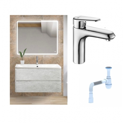 Комплект: Мебель для ванной BelBagno Albano 100 cemento verona grigio + Смеситель Lemark Point LM0306C для раковины однорычажный, хром + Сифон АниПласт