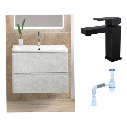 Комплект:  Тумба с раковиной BelBagno Albano 80 cemento verona grigio + Смеситель для раковины Haiba HB10803-7, черный + Сифон АниПласт