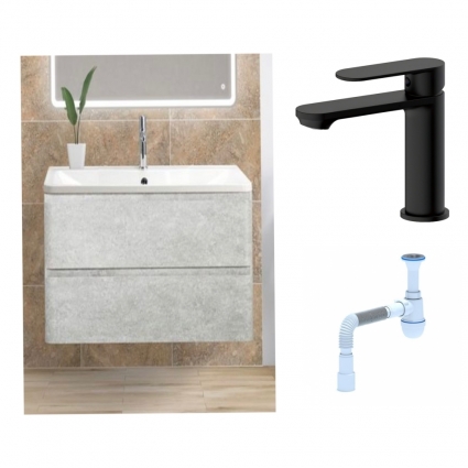 Комплект: Тумба с раковиной BelBagno Albano 80 cemento verona grigio + Смеситель для раковины Haiba HB10590-7, черный + Сифон АниПласт