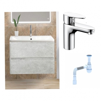 Комплект: Тумба с раковиной BelBagno Albano 80 cemento verona grigio + Смеситель Wasserkraft Leine 3503 для раковины однорычажный хром + Сифон АниПласт
