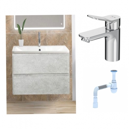 Комплект: Тумба с раковиной BelBagno Albano 80 cemento verona grigio + Смеситель Am.Pm X-Joy F85A02100 для раковины однорычажный, хром + Сифон АниПласт