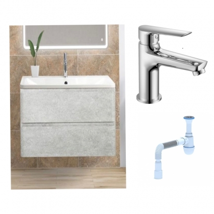 Комплект: Тумба с раковиной BelBagno Albano 80 cemento verona grigio + Смеситель для раковины Haiba HB10198, хром + Сифон АниПласт