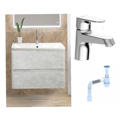 Комплект: Тумба с раковиной BelBagno Albano 80 cemento verona grigio + Смеситель Bravat Alfa F1120178CP для раковины, хром + Сифон АниПласт