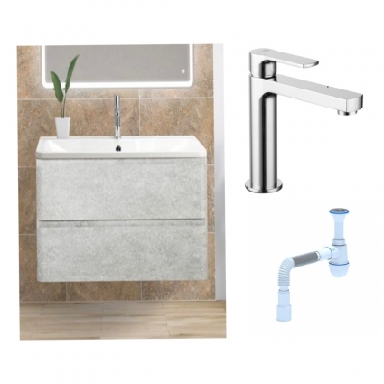 Комплект: Тумба с раковиной BelBagno Albano 80 cemento verona grigio + Смеситель Lemark plus Grace LM1537C для раковины однорычажный, хром + Сифон АниПласт
