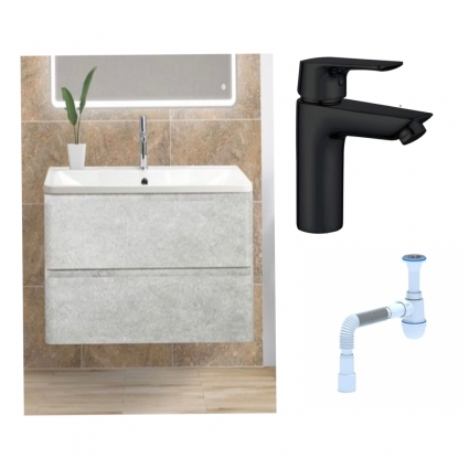 Комплект: Тумба с раковиной BelBagno Albano 100 cemento verona grigio + Смеситель Aquanet Static AF330-10B для раковины, чёрный + Сифон АниПласт