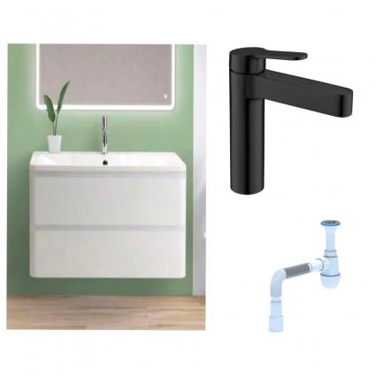 Комплект: Тумба с раковиной BelBagno Albano 80 bianco lucido + Смеситель для раковины BelBagno Delta DEL-LVM-NERO однорычажный черный + Сифон АниПласт