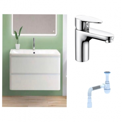 Комплект: Тумба с раковиной BelBagno Albano 80 bianco lucido + Смеситель Wasserkraft Leine 3503 для раковины однорычажный хром + Сифон АниПласт
