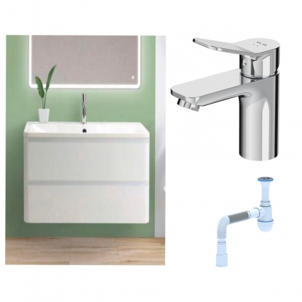 Комплект: Тумба с раковиной BelBagno Albano 80 bianco lucido + Смеситель Am.Pm X-Joy F85A02100 для раковины однорычажный, хром + Сифон АниПласт