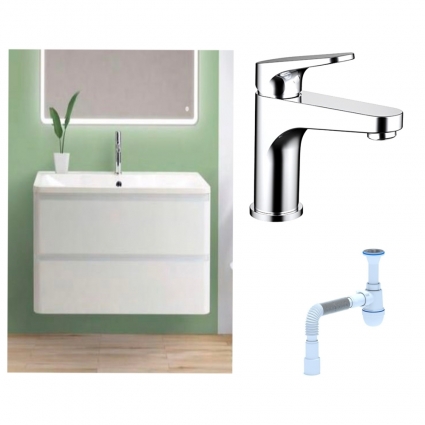 Комплект: Тумба с раковиной BelBagno Albano 80 bianco lucido + Смеситель Bravat Eler F1191238CP-RUS для раковины однорычажный, хром + Сифон АниПласт