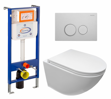 Комплект 3 в 1 инсталляция Enio Aquanika + Подвесной безободковый унитаз CeruttiSpa Sella aria CT7183 + кнопка белая хром круглая