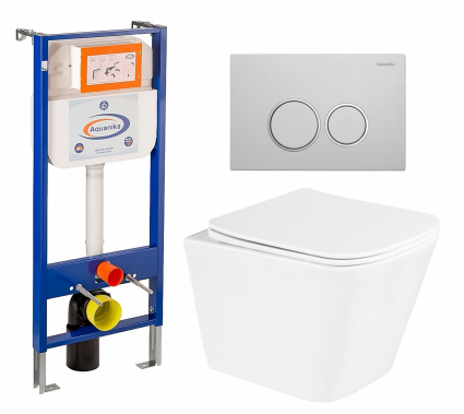 Комплект 3 в 1 инсталляция Enio Aquanika + Унитаз подвесной BelBagno Due BB3103CHR/SC + кнопка белая хром круглая