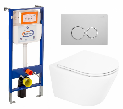 Комплект 3 в 1 инсталляция Enio Aquanika + Унитаз подвесной BelBagno Tre BB8001CHR/SC + кнопка белая хром круглая