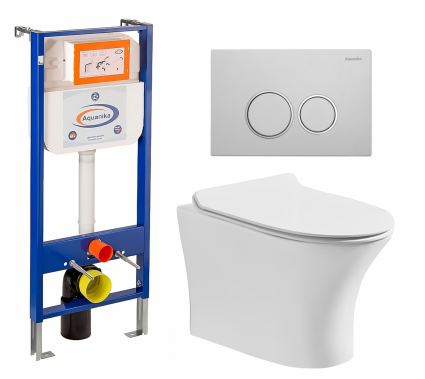 Комплект 3 в 1 инсталляция Enio Aquanika + Подвесной безободковый унитаз CeruttiSpa Bernina aria CT7191 + кнопка белая хром круглая
