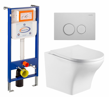 Комплект 3 в 1 инсталляция Enio Aquanika + Подвесной унитаз WeltWasser Odenbach 004 GL-WT + кнопка белая хром круглая