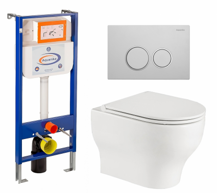 Комплект 3 в 1 инсталляция Enio Aquanika + Подвесной унитаз WeltWasser Erlenbach 004 GL-WT + кнопка белая хром круглая