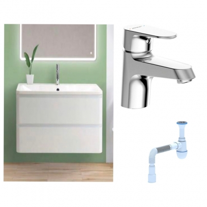 Комплект: Тумба с раковиной BelBagno Albano 80 bianco lucido + Смеситель Bravat Alfa F1120178CP для раковины, хром + Сифон АниПласт