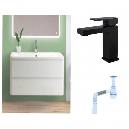 Комплект:  Тумба с раковиной BelBagno Albano 90 bianco lucido + Смеситель для раковины Haiba HB10803-7, черный + Сифон АниПласт