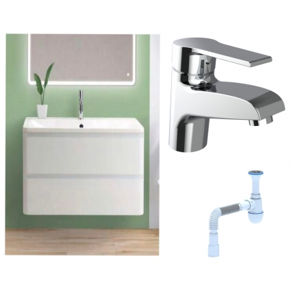Комплект: Тумба с раковиной BelBagno Albano 90 bianco lucido + Смеситель Agger Right A2902100 для раковины однорычажный хром + Сифон АниПласт