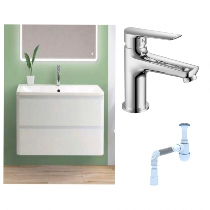 Комплект: Тумба с раковиной BelBagno Albano 90 bianco lucido + Смеситель для раковины Haiba HB10198, хром + Сифон АниПласт