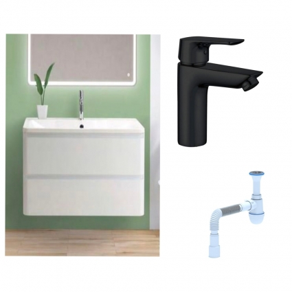 Комплект: Тумба с раковиной BelBagno Albano 100 bianco lucido + Смеситель Aquanet Static AF330-10B для раковины, чёрный + Сифон АниПласт