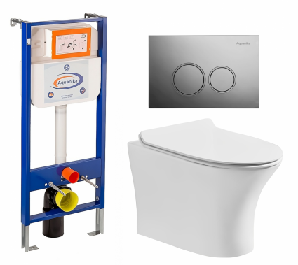 Комплект 3 в 1 инсталляция Enio Aquanika + Подвесной безободковый унитаз CeruttiSpa Bernina aria CT7191 + кнопка хром круглая