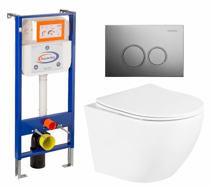 Комплект 3 в 1 инсталляция Enio Aquanika + Унитаз подвесной BelBagno Uno BB3105CHR/SC + кнопка хром круглая