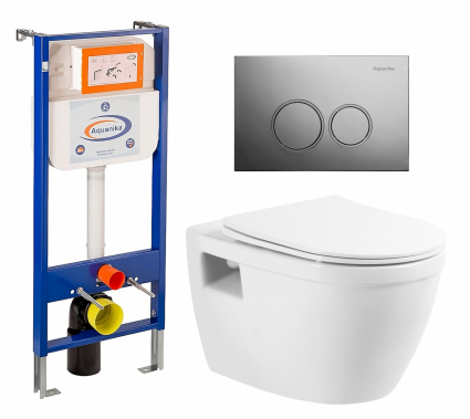 Комплект 3 в 1 инсталляция Enio Aquanika + Унитаз подвесной BelBagno Loto BB070CHR/SC + кнопка хром круглая