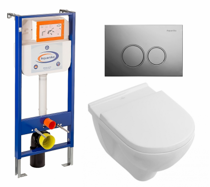 Комплект 3 в 1 инсталляция Enio Aquanika +  Унитаз подвесной Villeroy & Boch O Novo + кнопка хром круглая