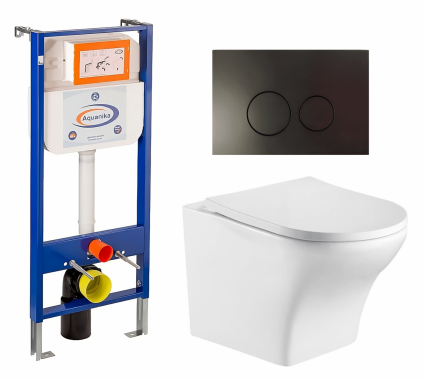 Комплект 3 в 1 инсталляция Enio Aquanika + Подвесной унитаз WeltWasser Odenbach 004 GL-WT + кнопка черная матовая круглая