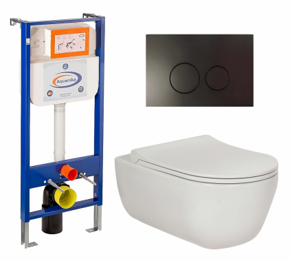Комплект 3 в 1 инсталляция Enio Aquanika + Унитаз подвесной Berges Wasserhaus Ego XL 082118 + кнопка черная матовая круглая