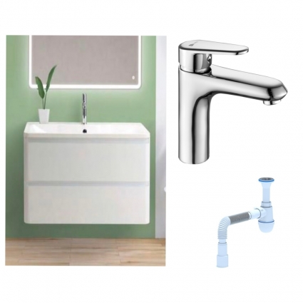 Комплект: Тумба с раковиной BelBagno Albano 100 bianco lucido + Смеситель Lemark Point LM0306C для раковины однорычажный, хром + Сифон АниПласт