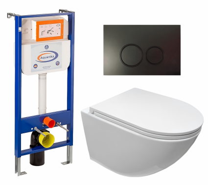 Комплект 3 в 1 инсталляция Enio Aquanika + Подвесной безободковый унитаз CeruttiSpa Sella aria CT7183 + кнопка черная матовая круглая