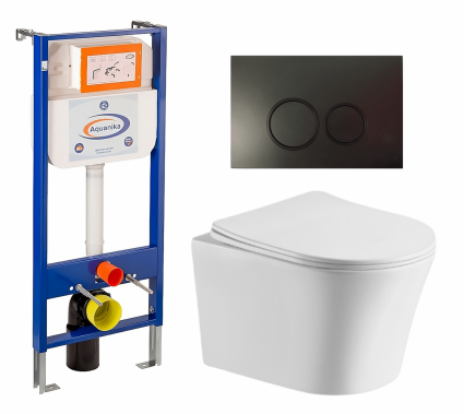 Комплект 3 в 1 инсталляция Enio Aquanika + Подвесной унитаз CeruttiSpa Adige Aria CT7837 + кнопка черная матовая круглая